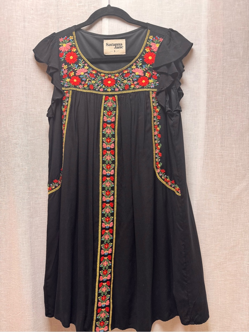 Savanna Jane Black Dress with Red Floral Embroidery